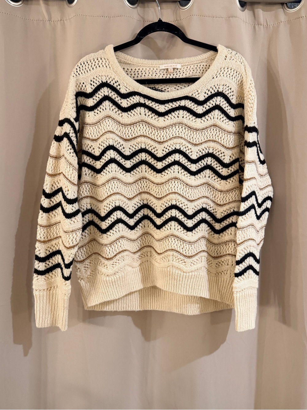 Skies Are Blue Cream Open-Knit Sweater with Black Wave Stripes